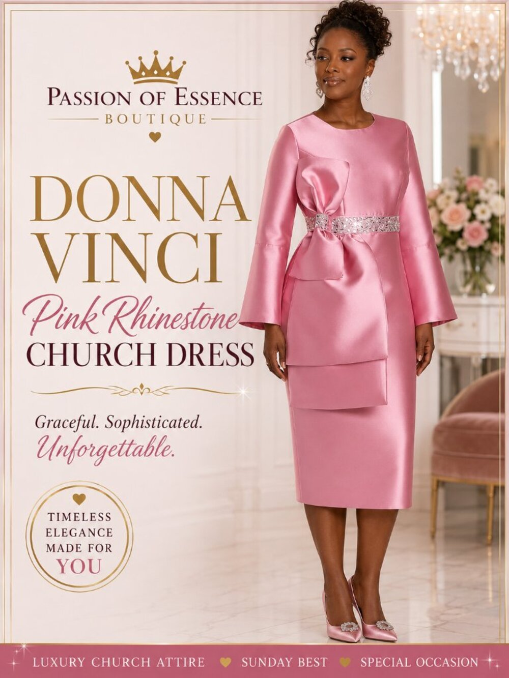 Donna Vinci Pink Rhinestone Bow Church Dress Size 14 16 Luxury Formal